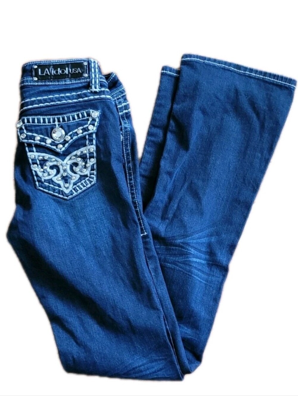 L.A. idol Jeans Low Rise Boot Cut Sz 3 Thick Stitch Rhinestones Western Rodeo